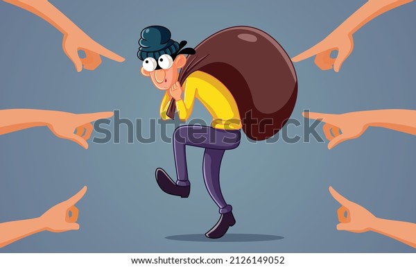 \
Hands Pointing to a Thief Caught Stealing\
Vector Cartoon Illustration. Criminal robber being busted in the\
act in flagrante\
delicto\
