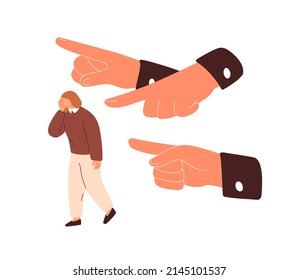 Hands pointing at victim, bullying and judging. Manipulation, condemnation, disgrace and control concept. Society shaming, blaming woman employee. Flat vector illustration isolated on white background