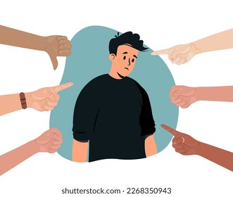 Hands pointing at victim, bullying and judging. Manipulation, condemnation, disgrace concept. Children bullying behavior. Society shaming, blaming man. Flat vector illustration isolated on white