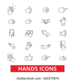 Hands, pointings,  tap, rotate, touch, press, swipe, shake, gesture, emotions line icons. Editable strokes. Flat design vector illustration symbol concept. Linear signs isolated on white background