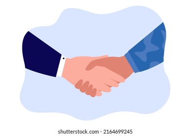 Hands of politician and soldier making deal. Agreement between military and government flat vector illustration. Diplomacy, peace, cooperation concept for banner, website design or landing web page