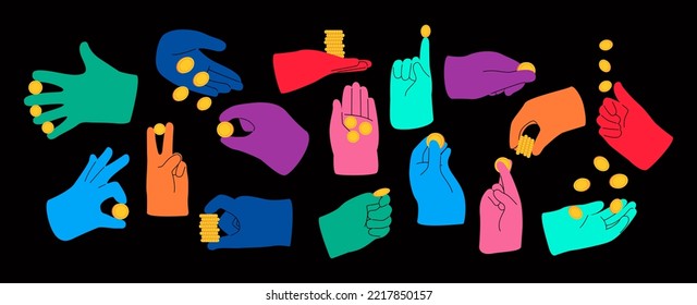 Hands pose for counting, giving, taking, placing, throwing, and showing coins. Collection of cartoon money, cent in fingers and palms. Colorful flat vector illustration isolated on black
background
 svg