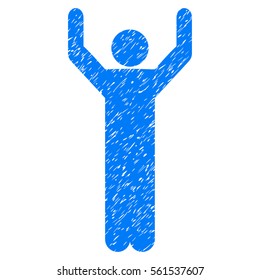 Hands Up Pose grainy textured icon for overlay watermark stamps. Flat symbol with dust texture. Dotted vector blue ink rubber seal stamp with grunge design on a white background.