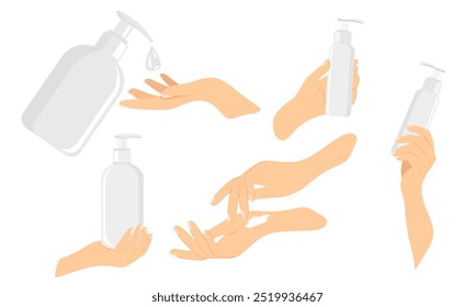 Manos pose, manos que sostienen la crema, loción, aceite, champú para el cuidado personal. Vector fijado en estilo plano aislado.