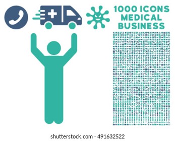 Hands Up Pose icon with 1000 medical commerce cobalt and cyan vector design elements. Set style is flat bicolor symbols, white background.