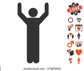 Hands Up Pose icon with bonus dating pictures. Vector illustration style is flat iconic orange and gray symbols on white background.