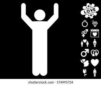 Hands Up Pose icon with bonus dating symbols. Vector illustration style is flat iconic white symbols on black background.