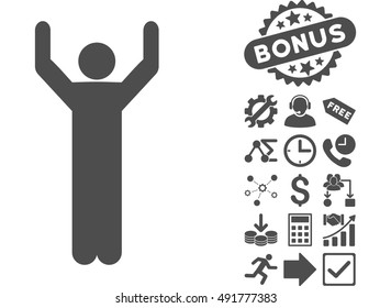 Hands Up Pose icon with bonus pictograph collection. Vector illustration style is flat iconic symbols, gray color, white background.