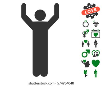 Hands Up Pose icon with bonus valentine clip art. Vector illustration style is flat iconic green and gray symbols on white background.