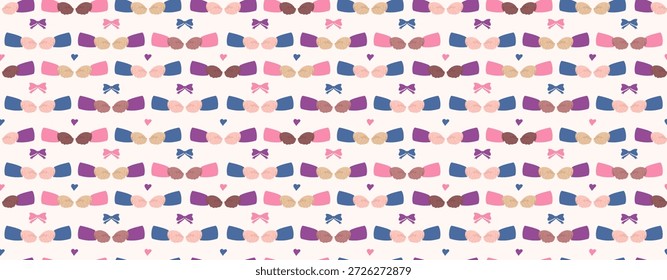 Mãos posar para IWD 2026 padrão sem costura. Banner de fundo infinito Dar para ganhar Dia Internacional da Mulher. Diferentes cores de pele mãos