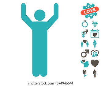 Hands Up Pose pictograph with bonus valentine images. Vector illustration style is flat iconic grey and cyan symbols on white background.