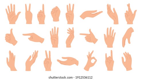 Руки позируют. Жесты женской руки, держащие и указывающие, скрещенные пальцы, кулак, мир и большой палец вверх. Мультфильм человеческие ладони и запястье вектор набор. Общение или общение с эмодзи для мессенджеров