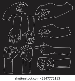 Hands poses. Female hand holding and pointing gestures, fingers crossed, fist, peace and thumb up. Cartoon human palms and wrist vector set. Communication or talking with emoji for messengers