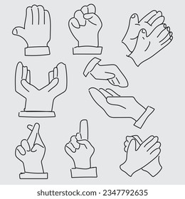 Hands poses. Female hand holding and pointing gestures, fingers crossed, fist, peace and thumb up. Cartoon human palms and wrist vector set. Communication or talking with emoji for messengers