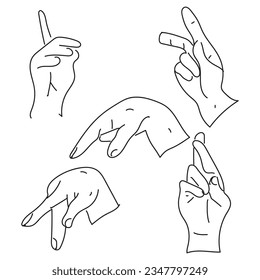 Hands poses. Female hand holding and pointing gestures, fingers crossed, fist, peace and thumb up. Cartoon human palms and wrist vector set. Communication or talking with emoji for messengers