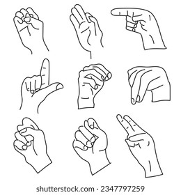 Hands poses. Female hand holding and pointing gestures, fingers crossed, fist, peace and thumb up. Cartoon human palms and wrist vector set. Communication or talking with emoji for messengers