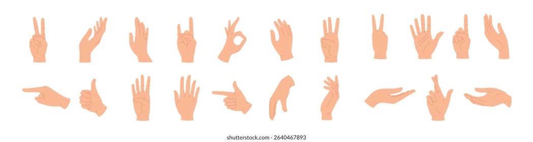 Hands poses. Female hand holding and pointing gestures, fingers crossed, fist, peace and thumb up. Cartoon human palms and wrist vector set. Communication or talking with emoji for messengers