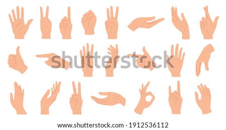 Hands poses. Female hand holding and pointing gestures, fingers crossed, fist, peace and thumb up. Cartoon human palms and wrist vector set. Communication or talking with emoji for messengers 商業照片 © 