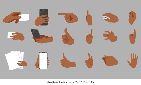 Hands poses. Hand holding and pointing gestures, holding phone, rest pose, thumbs up. Cartoon human palms and wrist vector set. Communication or talking with emoji for messengers