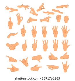 Hands poses. Hand holding and pointing gestures, fingers crossed, fist, peace and thumb up. Cartoon human palms and wrist vector set. Communication or talking with emoji for messengers