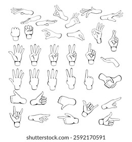 Hands poses. Hand holding and pointing gestures, fingers crossed, fist, peace and thumb up. Sketch out line human palms and wrist vector set. Communication or talking with emoji for messengers