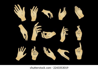 Hands poses. Male Female hand holding and pointing gestures, fingers crossed, fist, peace and thumb up. Cartoon human palms and wrist vector set. Communication or talking with emoji for messengers.
