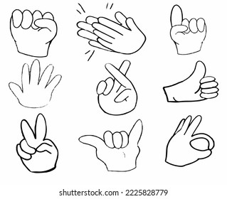 Hands poses. pointing gestures, fingers crossed, fist, metal, peace, hello. greeting, okay and thumb up. Cartoon human palms and wrist vector set. isolated on white background. vector illustration