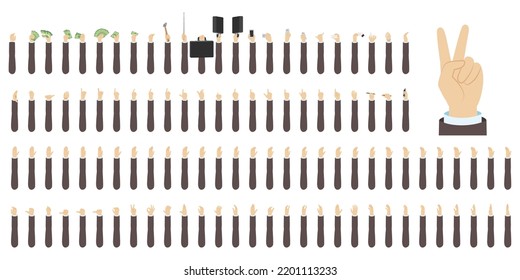 Hands poses set for animation. Vector illustration.