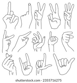 Hands poses. set of realistic gestures hand shape. black ley stroke logo graphic art design isolated on white. Cartoon human palms and wrist vector set. Communication with emoji for messengers