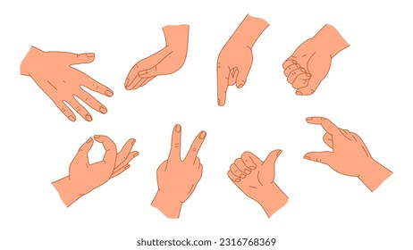 Hands poses. Showing signals. Silhouettes of hands in various situations for infographic, web, presentation.  Vector illustration isolated on a white background