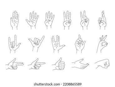 Hände stellen Vektorset. Verschiedene Handgesten Linie Art. Vektorgrafik einzeln auf Weiß