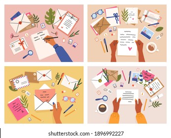 Hands with postcards and letters. Envelopes, postcards and letters top view, girls write, send and read letter. Mail sending hand-drawn vector illustration set. Girls arms with objects on table