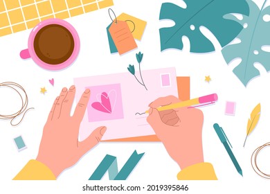 Hands with postcards. Message preparing for mailing, postcrossing hobby, hands on desktop sign envelope, herbarium decor. Cute romantic pink paper decor vector cartoon hand drawn concept