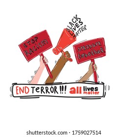 Hands with posters and flags at a rally against racism. Protest Banner about Human Rights of Black People in U.S. America. Vector Illustration. Icon Post
