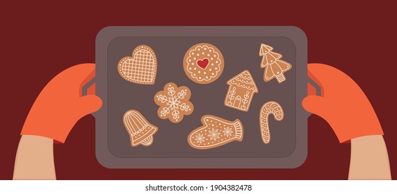 Hands in pot holders hold a baking sheet with gingerbread, cookies, Christmas, New year. Hand drawn vector element for decoration, invitation, poster, postcard, logo, web design, banner, ad