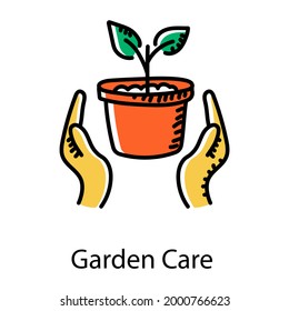Manos con maceta que denotan un ícono de cuidado vegetal dibujado a mano 