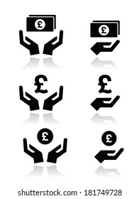 Hands with pound banknote, coin vector icons set 