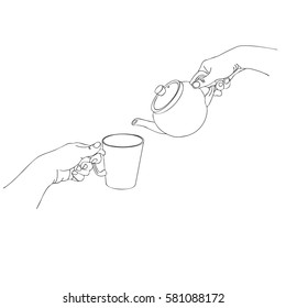 hands pour tea from teapot to cup, line drawing isolated symbol at white background