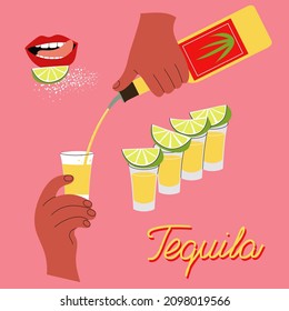 Hands pour tequila into shots, lips lick lime. Vector illustration on pink background