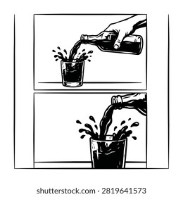 Hands pouring beverage from bottle into glass, liquid splashing, two stages of action