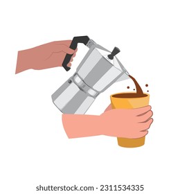 Hands pouring coffee from a geyser coffee maker into a reusable eco-friendly glass. Concept of conscious consumption. Illustration in flat style, isolated on white background.