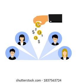 hands pouring coins over the several business men and women in the circle