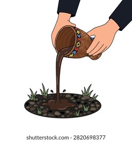 Hands pouring dark liquid from a decorated wooden cup onto the ground in a ritualistic manner.