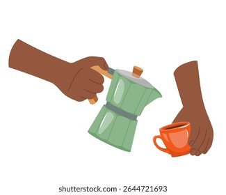 Mãos derramando café aromático rico do pote de moka italiano na xícara de café espresso elegante Elemento de design para o projeto do café, menu, banner, cartaz, imprimir Ilustração de vetor ritual de café fragrante para começar o dia
