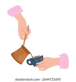 Hands pouring rich aromatic coffee from traditional copper cezve into porcelain espresso cup Vector design element turkish coffee pot for banner, poster, print. Fragrant coffee ritual to start the day