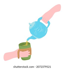 Hands pouring tea from a teapot into a reusable eco-friendly glass. Concept of conscious consumption. Illustration in flat style, isolated on white background.