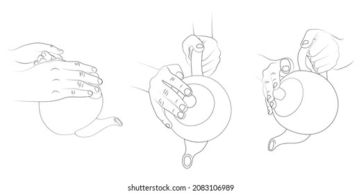 Hands Pouring Tea From Teapot Vector Sketch Set. Teapot From Different Sides.