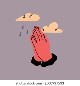 Hands in Pray Gesture, clouds, rain. Faith, religion, communion, humanity concept. Hand drawn Vector illustration. Isolated design element. Icon, logo, print template