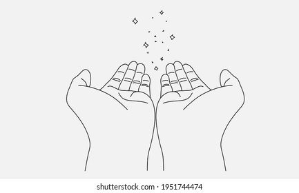 Manos rezan magia estrella mínima línea de arte estilo doodle