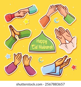 Hands pray and shaking objects element sticker set